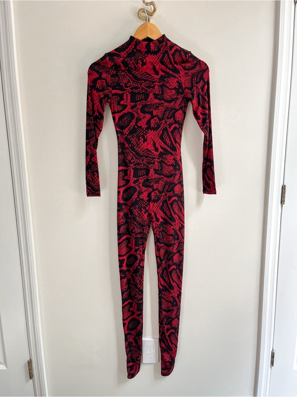 Naked Wardrobe Red Black Snake Print Mock Neck Closed Toe Jumpsuit Size XS